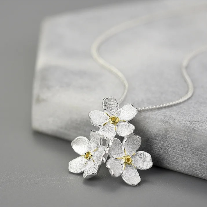 Handmade Forget-me-not necklace wide, 925 silver, 18K gold