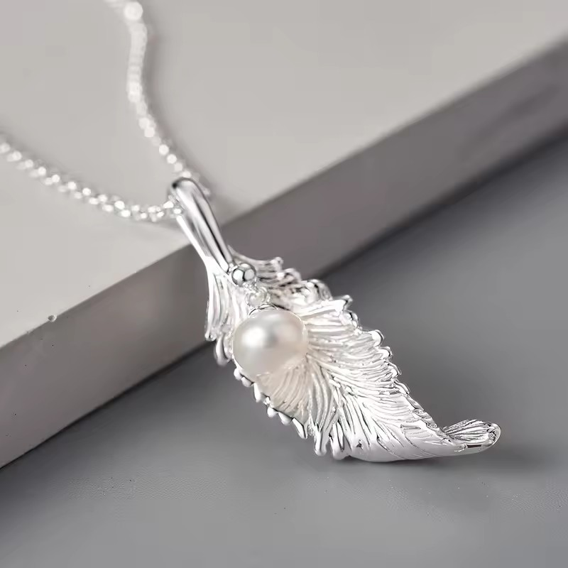 Halskette mit Blatt und Perle Anhänger, 925er Silber, 18K Gold