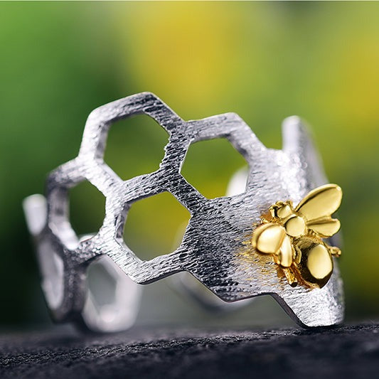 Handmade ring "Busy Bee" 925 silver, 18K gold