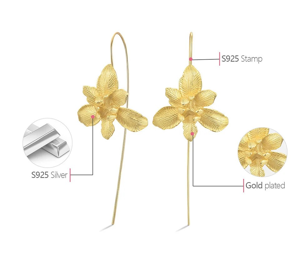 Handgemachte Iris Blume Ohrringe, 925er Silber, 18K Gold