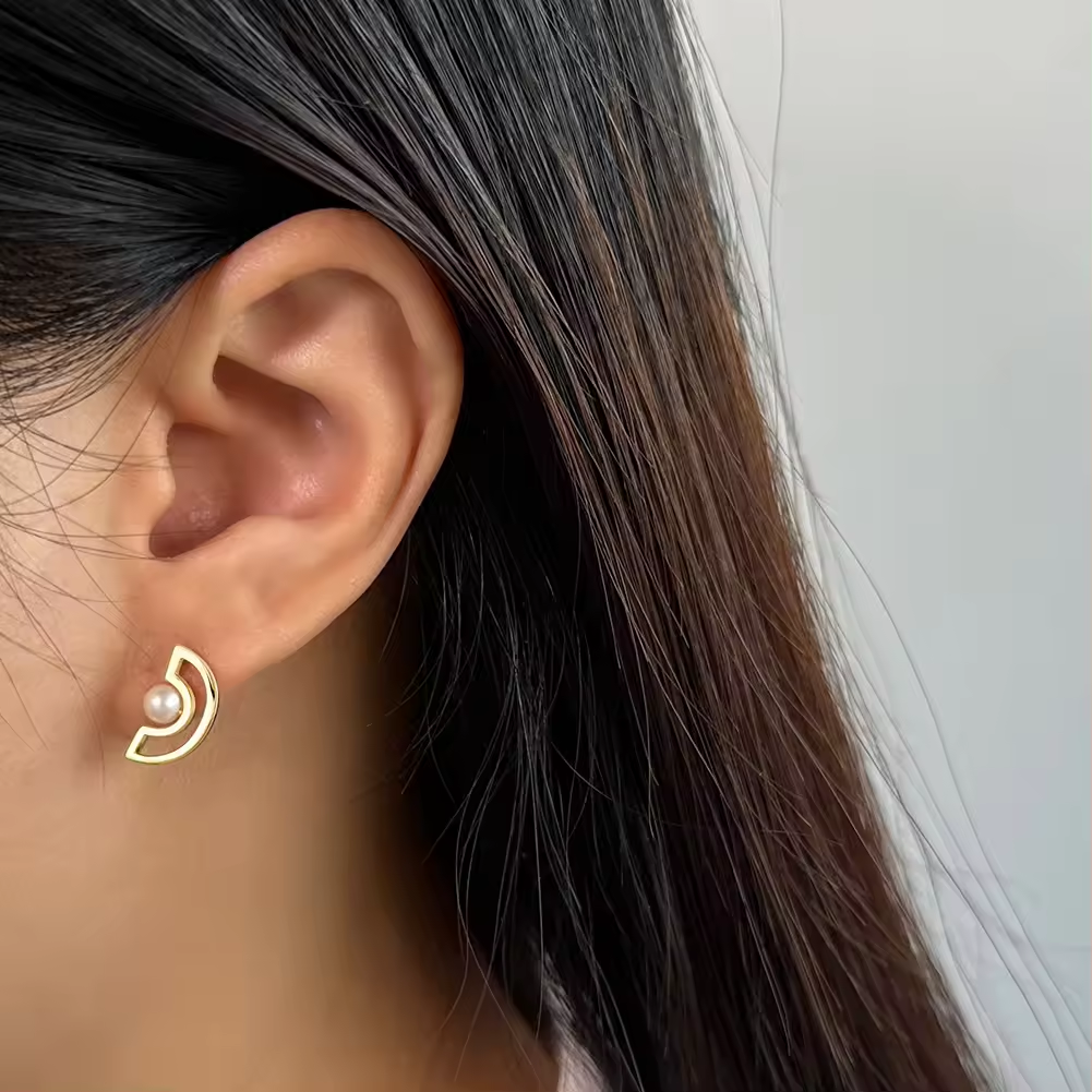 Handmade Minimalist Asymmetrical Earrings with Pearl Pendant