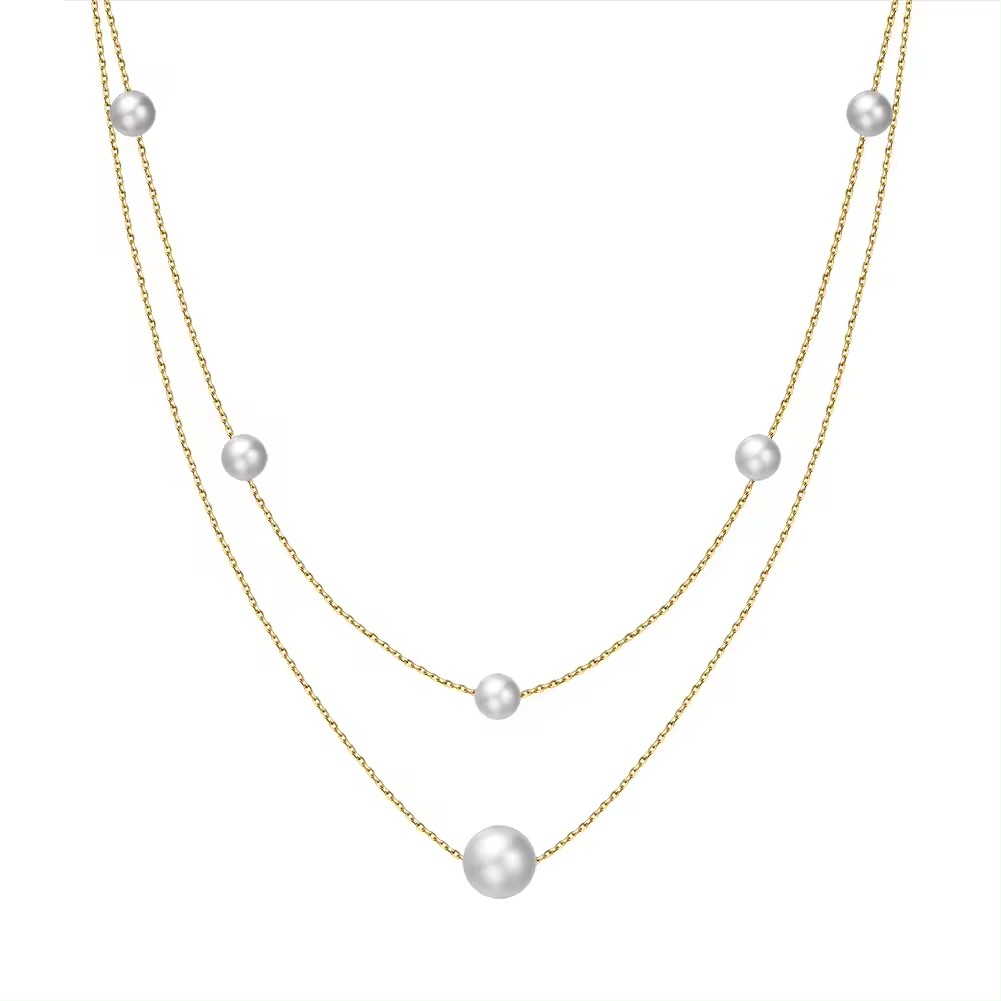 Elegante Doppeltkette mit Süßwasserperlen, 925er Silber und 14K Gold