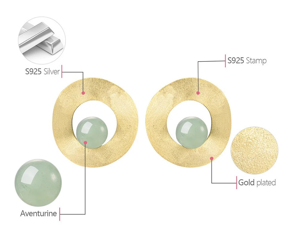 Retro circle earrings, gemstone aventurine, 925 silver, 18K gold