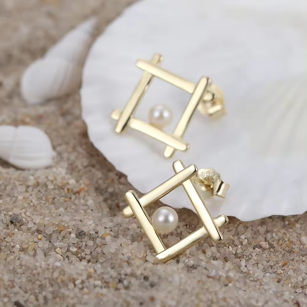 Geometric stud earrings, freshwater pearl, 925 silver 14K gold plated