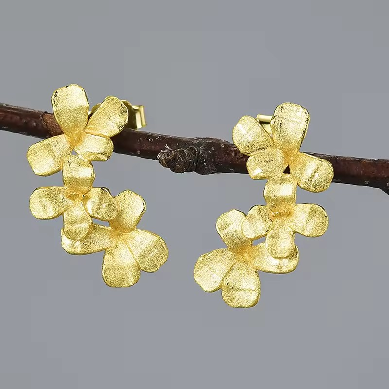 Delicate Blossom Stud Earrings, 925 Silver, 18K Gold