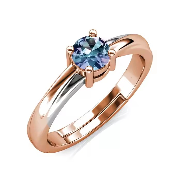 Minimalist adjustable ring with alexandrite, 925 silver, 18K rose gold