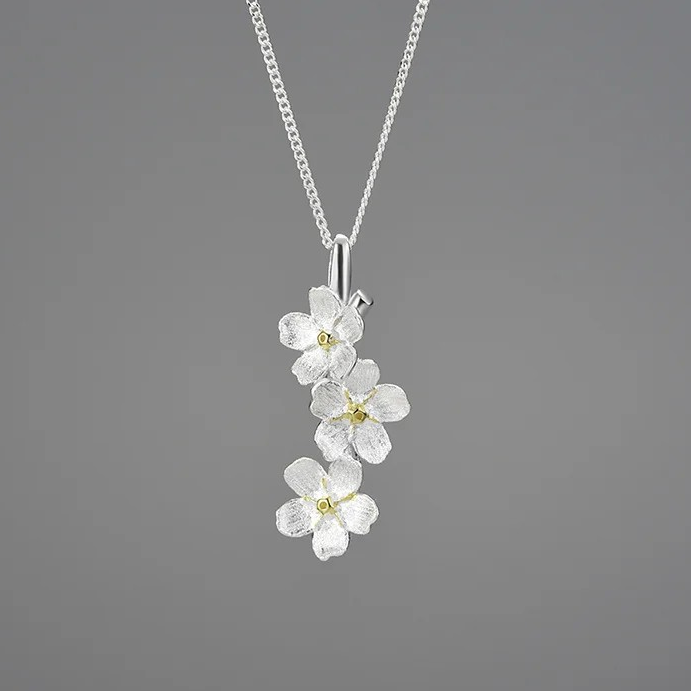 Handmade Forget-me-not necklace long, 925 silver, 18K gold