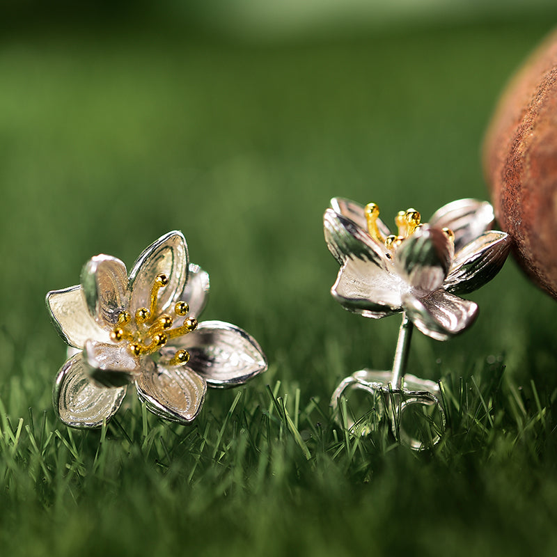 Lotus Flower Stud Earrings, 925 Silver, 18K Gold