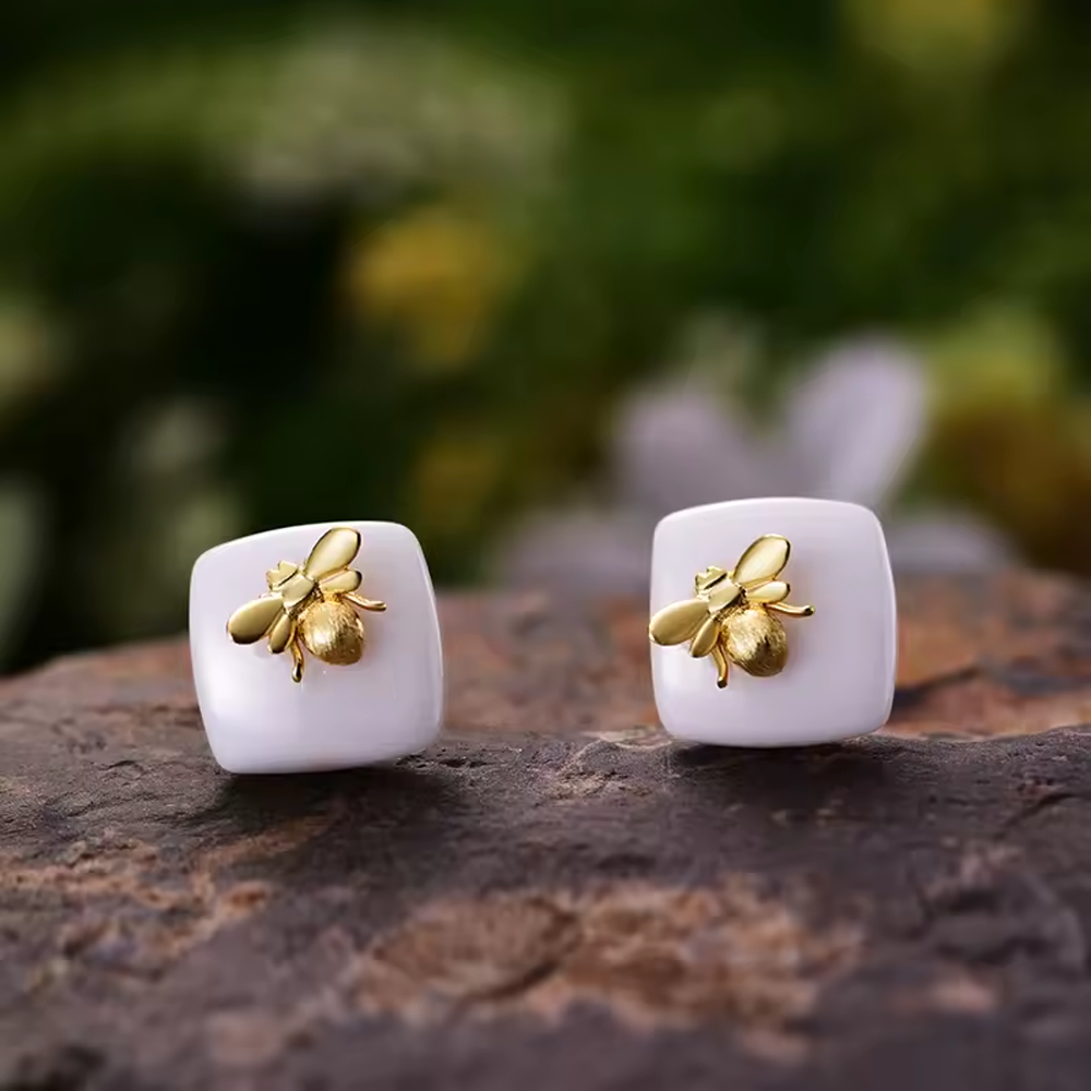 Keramik Quadrat Ohrstecker mit Schmetterling, 925er Silber, 18K Gold
