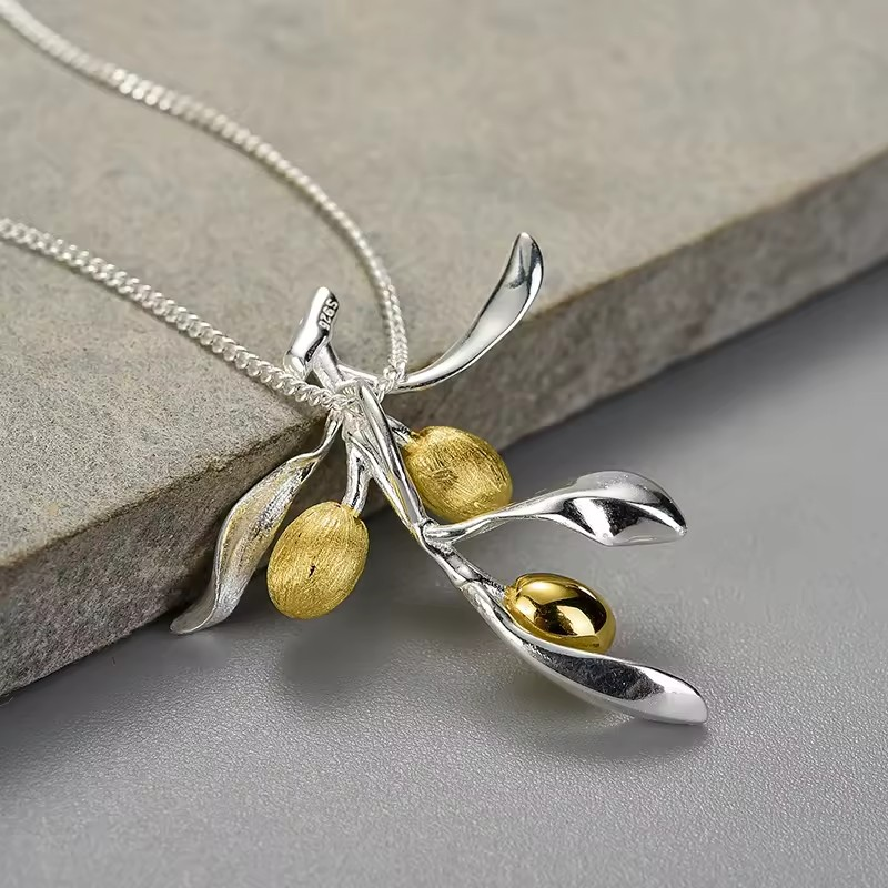 Necklace with olive branch pendant, 925 silver, 18K gold
