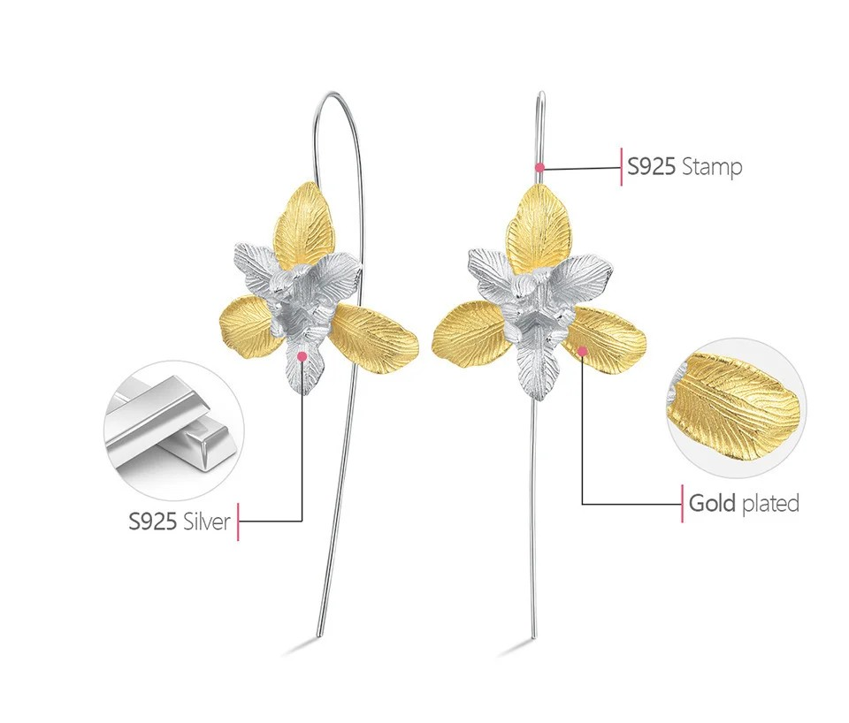 Handgemachte Iris Blume Ohrringe, 925er Silber, 18K Gold