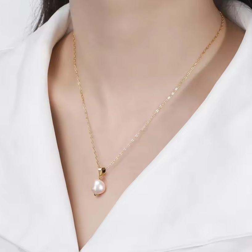 delicate necklace with a large baroque pearl, 925 silver, 14K gold