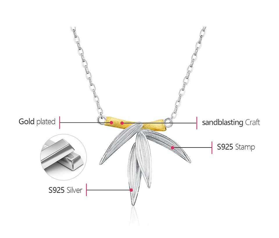 Necklace with bamboo pendant, 925 silver, 18K gold
