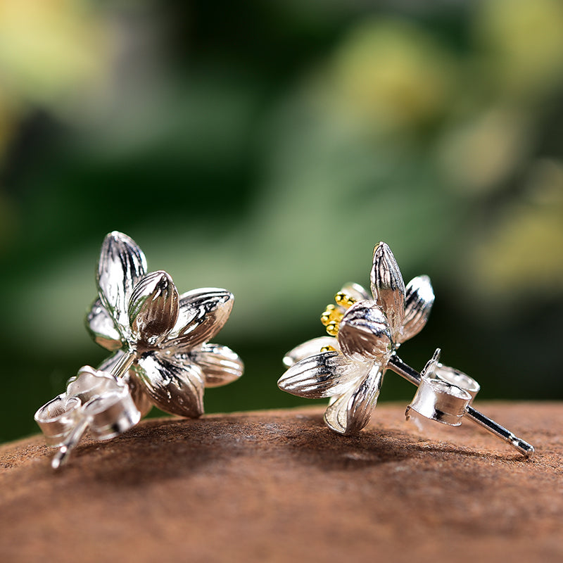Lotus Flower Stud Earrings, 925 Silver, 18K Gold