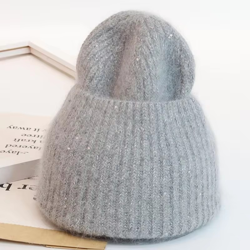 Warm, Soft and Fluffy Angora Beanie, mini sequins, blue