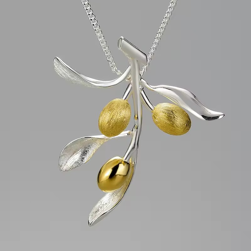 Necklace with olive branch pendant, 925 silver, 18K gold