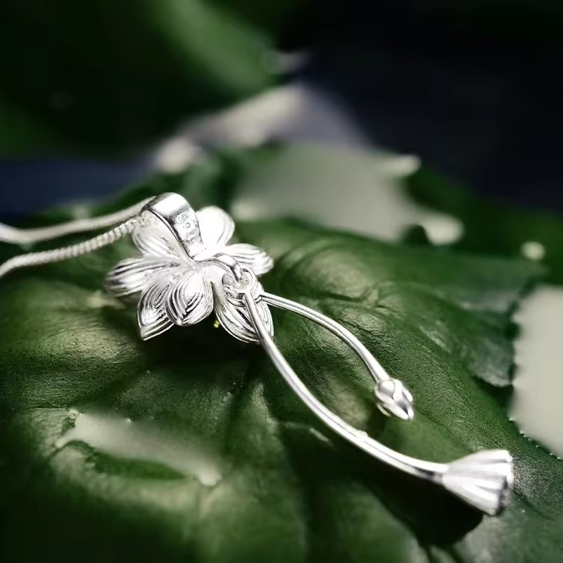 Necklace with Lotus Flower Pendant, 925 Silver, 18K Gold