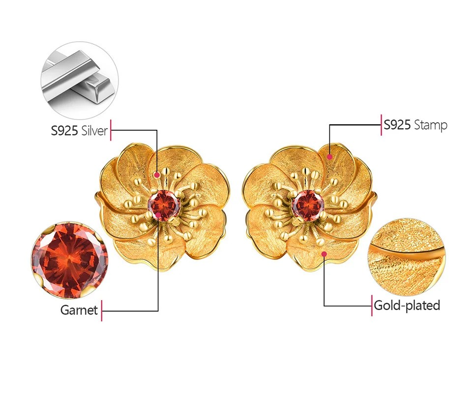 Handmade stud earrings "Blooming Anemone" with garnet