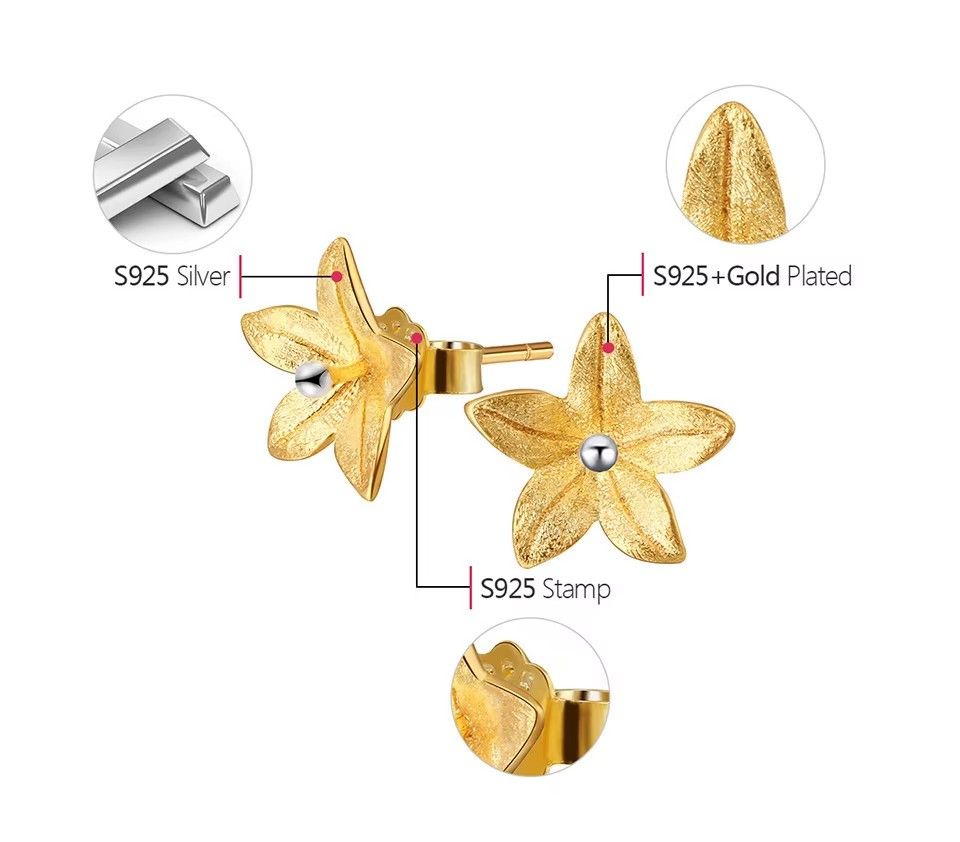 Kleine zarte Blume Ohrstecker, 925 Sterling Silber, 18K Gold