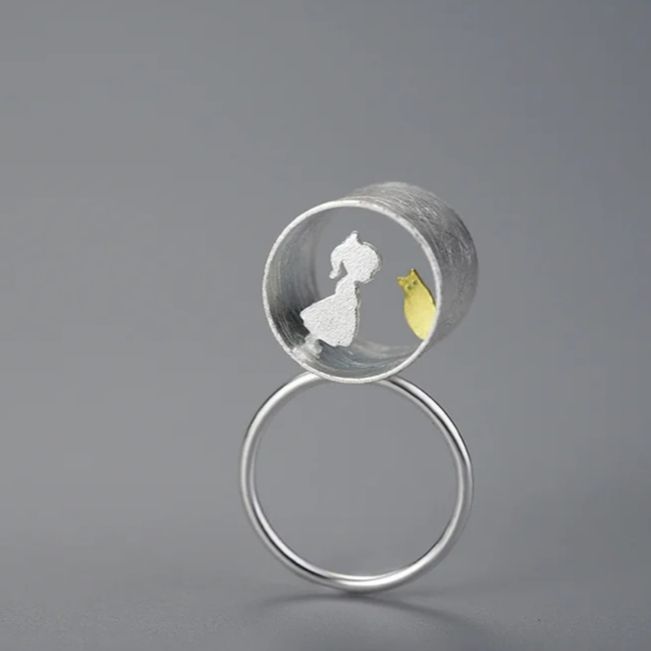 Ring "Meeting Love" girl or boy with cat, 925 silver, 18K gold