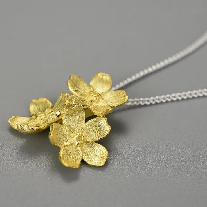 Handmade Forget-me-not necklace wide, 925 silver, 18K gold