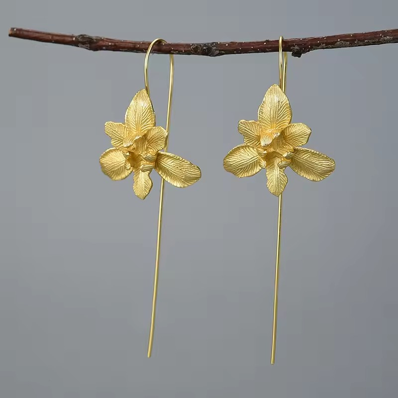 Handgemachte Iris Blume Ohrringe, 925er Silber, 18K Gold