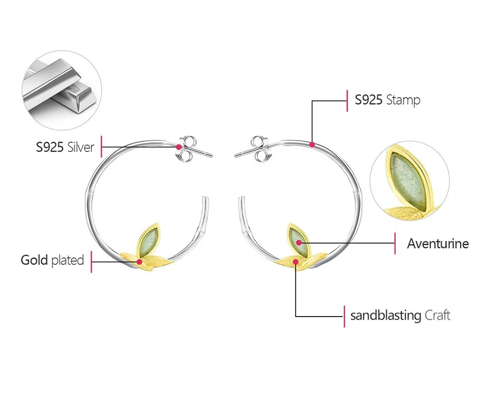 Leaf Hoop Earrings with Natural Aventurine, 925 Silver, 18K Gold