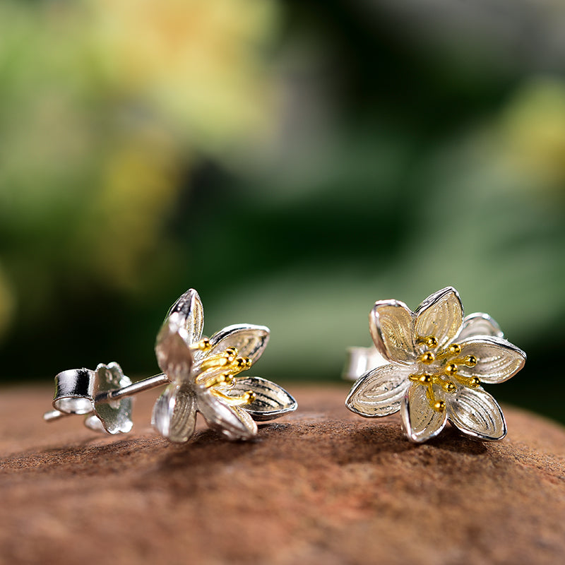 Lotus Flower Stud Earrings, 925 Silver, 18K Gold