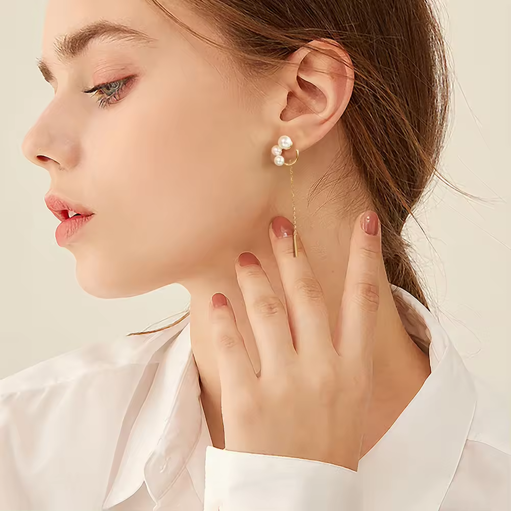 Handmade minimalist earrings with three different pearls and chain pendant