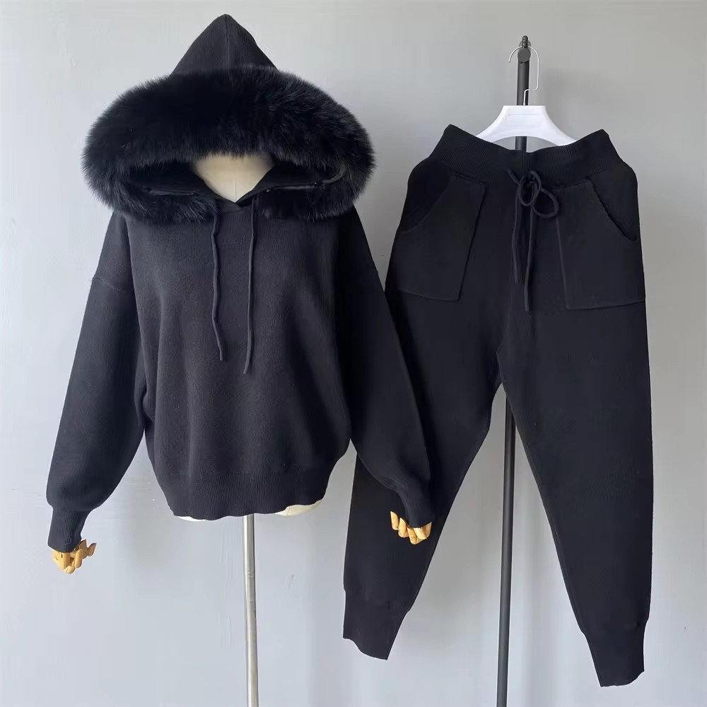 Women's Cashmere Suit with Hood, Black