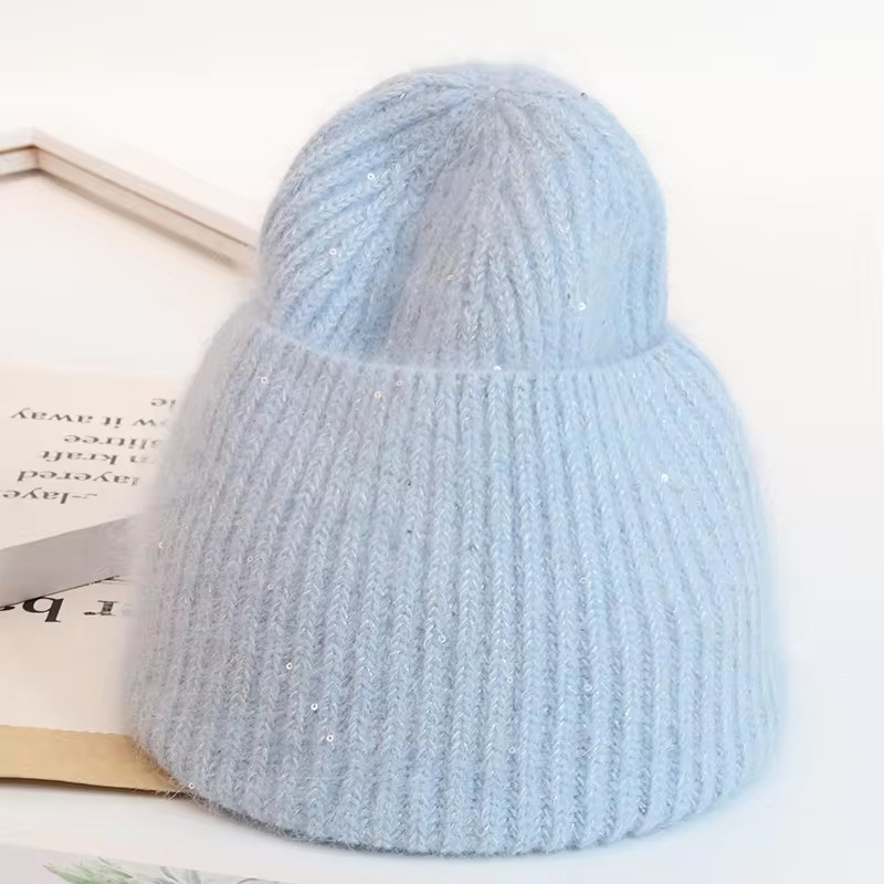 Warm, Soft and Fluffy Angora Beanie, mini sequins, blue