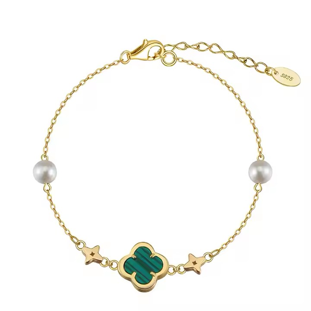 Zartes Armband grünes Kleeblatt und Süßwasserperlen, 925er Silber, 14K Gold