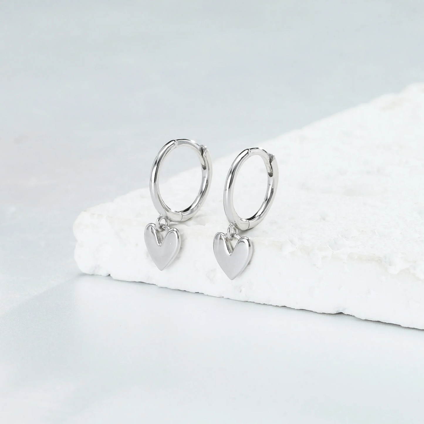 Minimalist hoop earrings with heart pendant, 925 silver, 18K gold