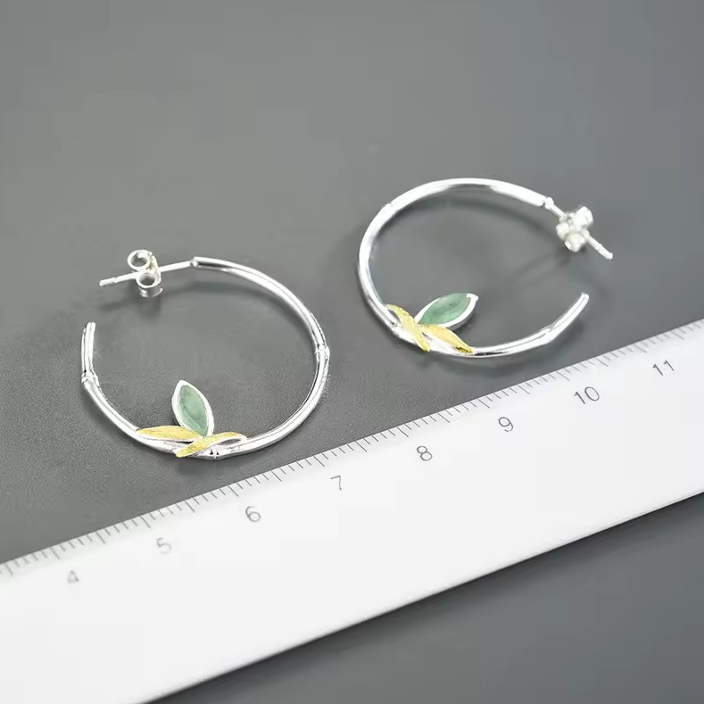 Leaf Hoop Earrings with Natural Aventurine, 925 Silver, 18K Gold
