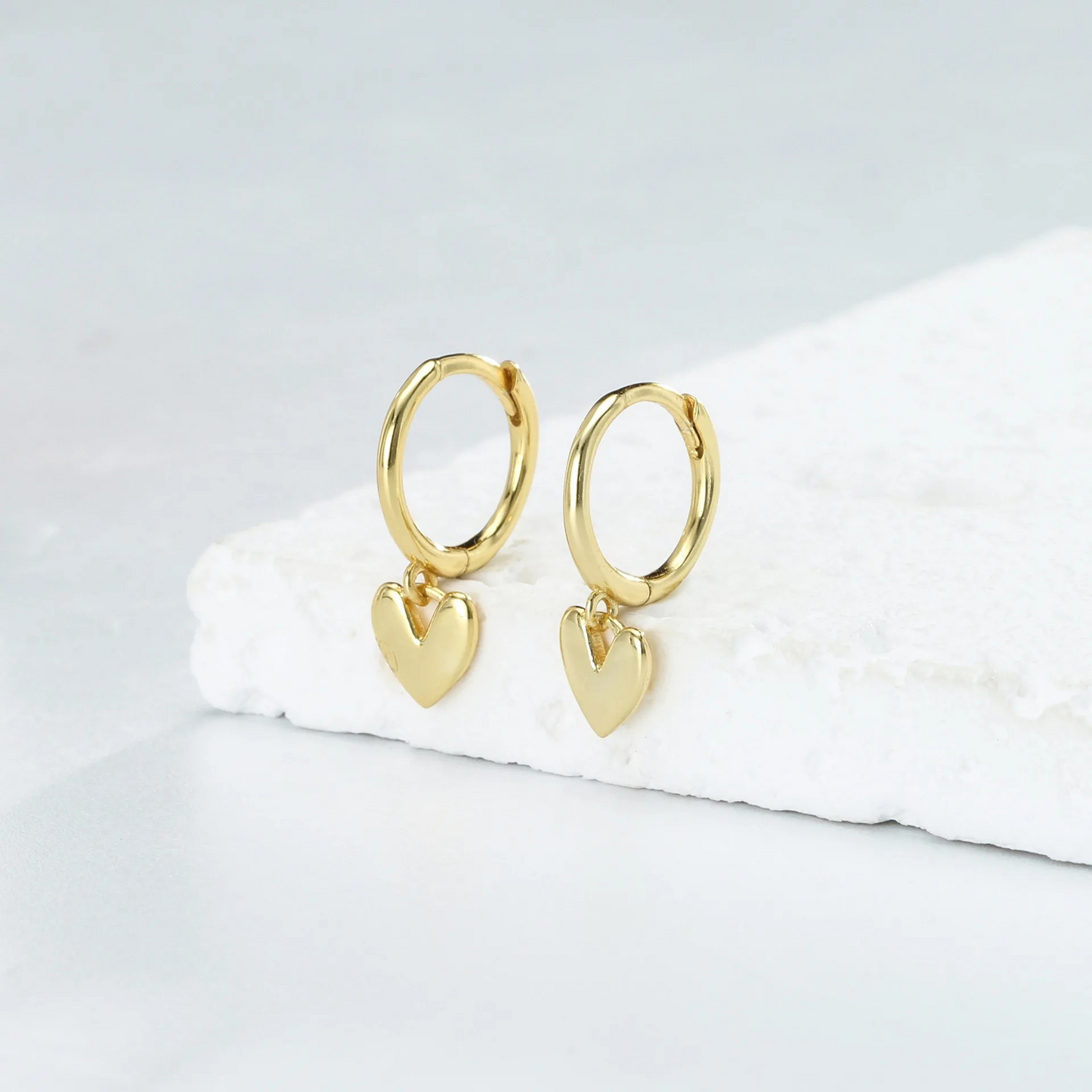 Minimalist hoop earrings with heart pendant, 925 silver, 18K gold