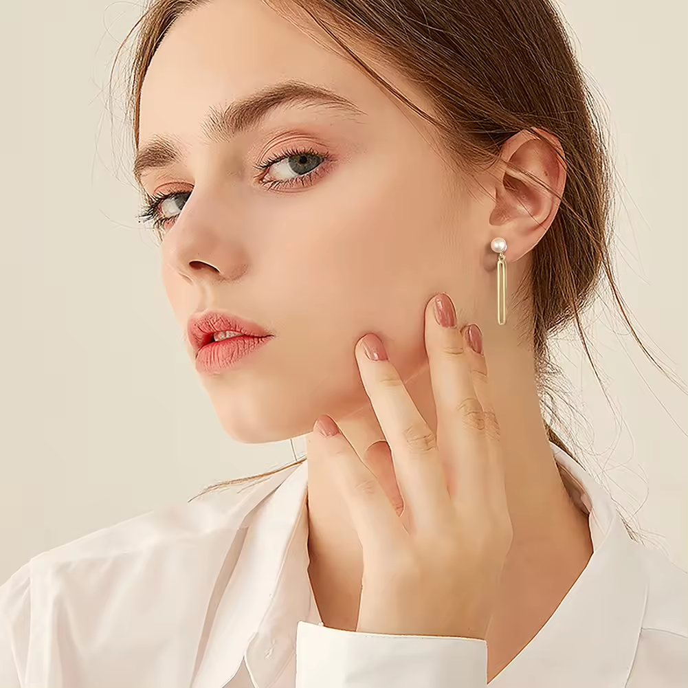 Elegant stud earrings pearl and bar pendant