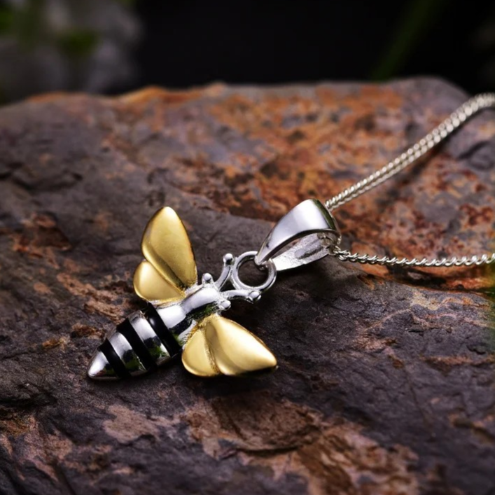 Necklace with bee pendant, 925 silver, 18K gold