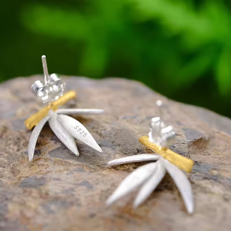 Handmade Large Stud Earrings "Bamboo Leaves", 925 Silver, 18K Gold