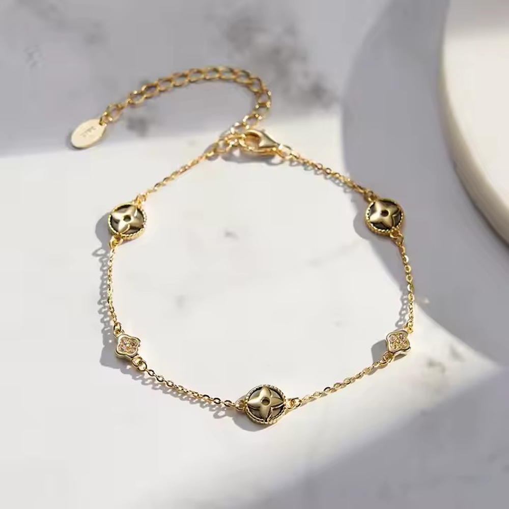Silberarmband zartes Armand mit Muschel Kleeblatt, 925er Silber, 14K Gold