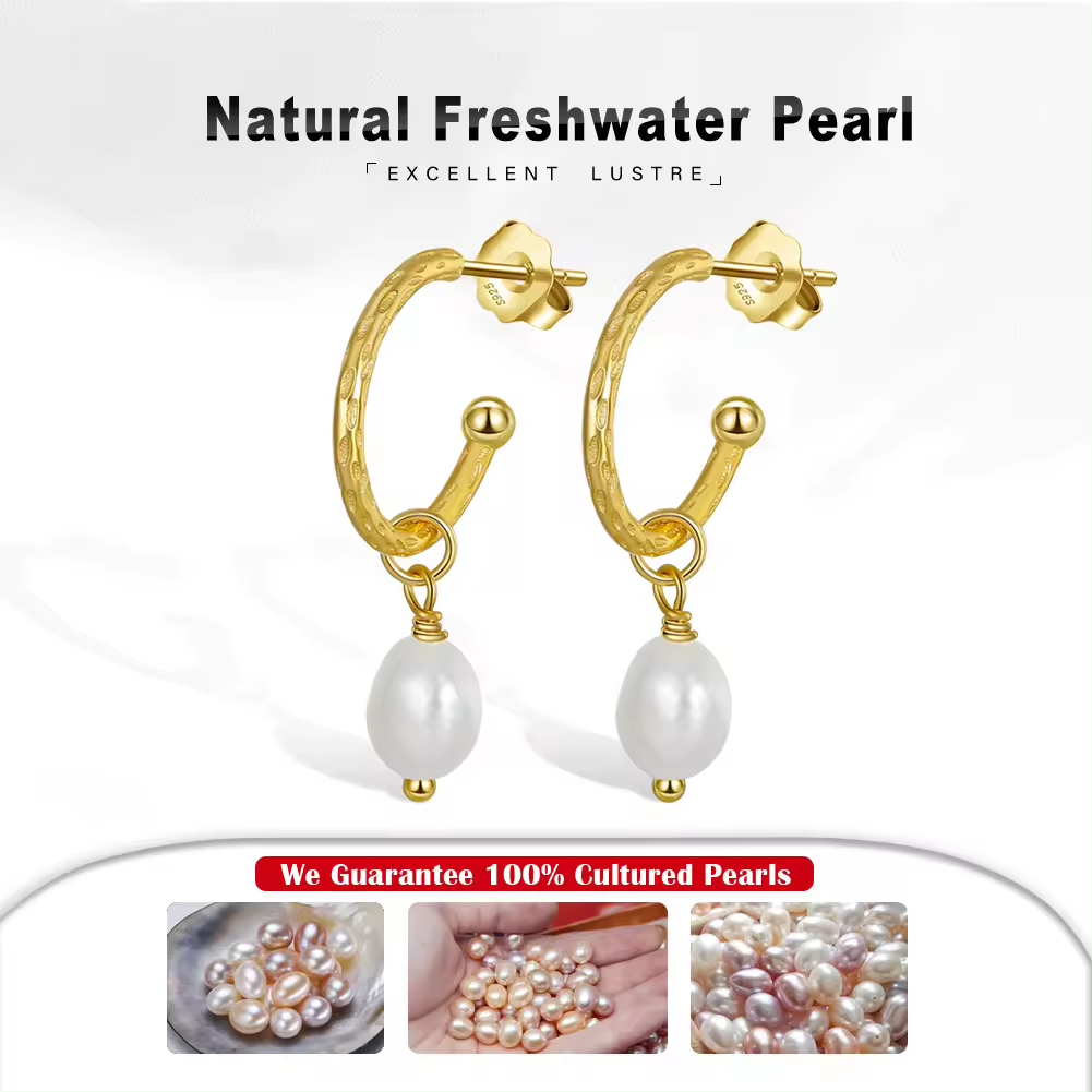 Handmade Minimalist Half Hoop Earrings with Hanging Baroque Pearl Gold