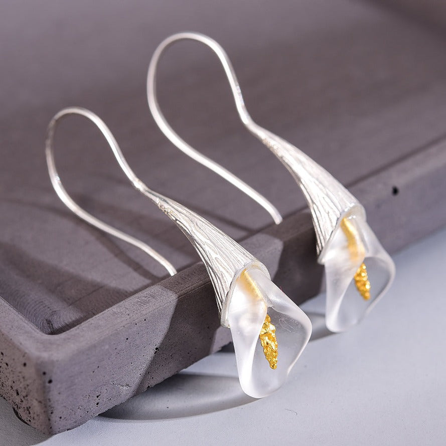 Handmade Crystal Calla Lily Earrings, 925 Silver, 18K Gold