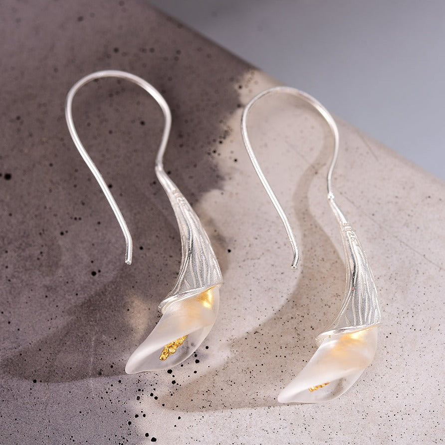 Handmade Crystal Calla Lily Earrings, 925 Silver, 18K Gold