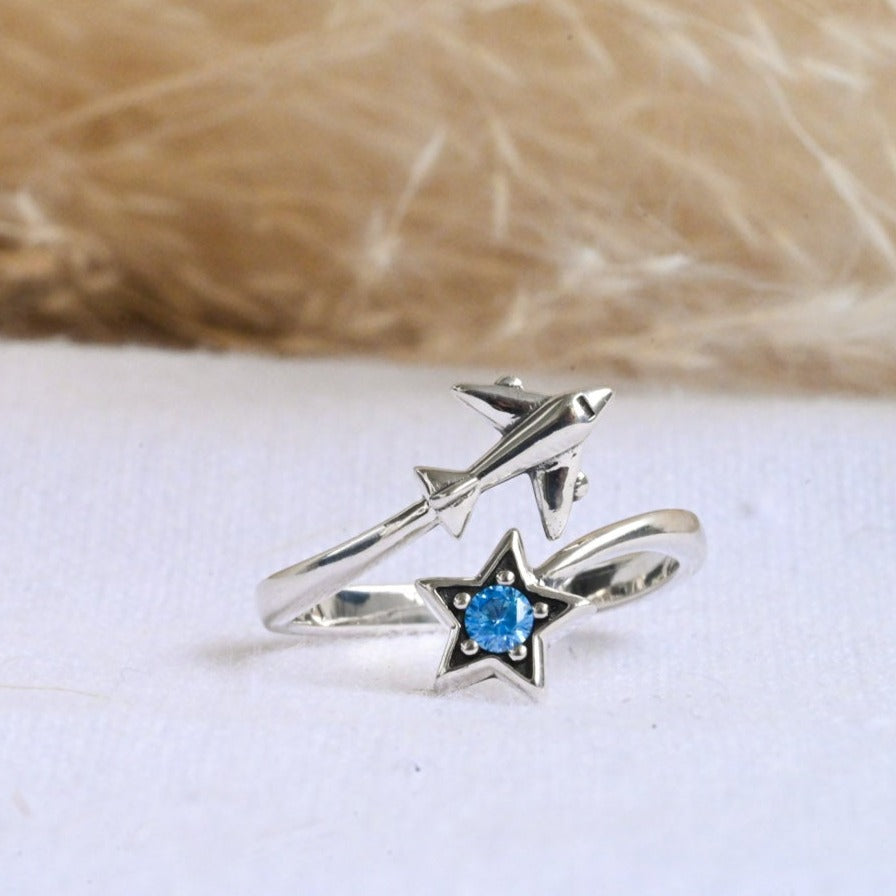 Open Ring "Flying Airplane and Star"