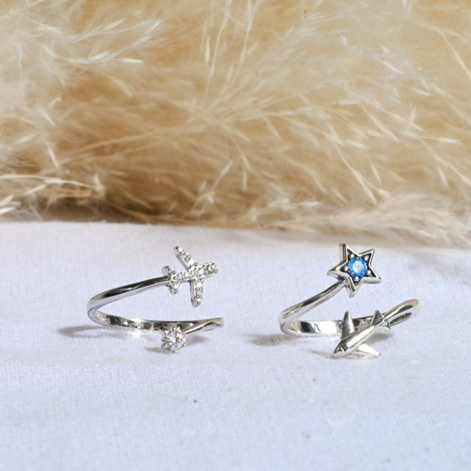 Open Ring "Flying Airplane and Star"