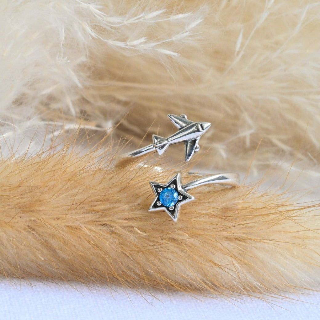 Open Ring "Flying Airplane and Star"
