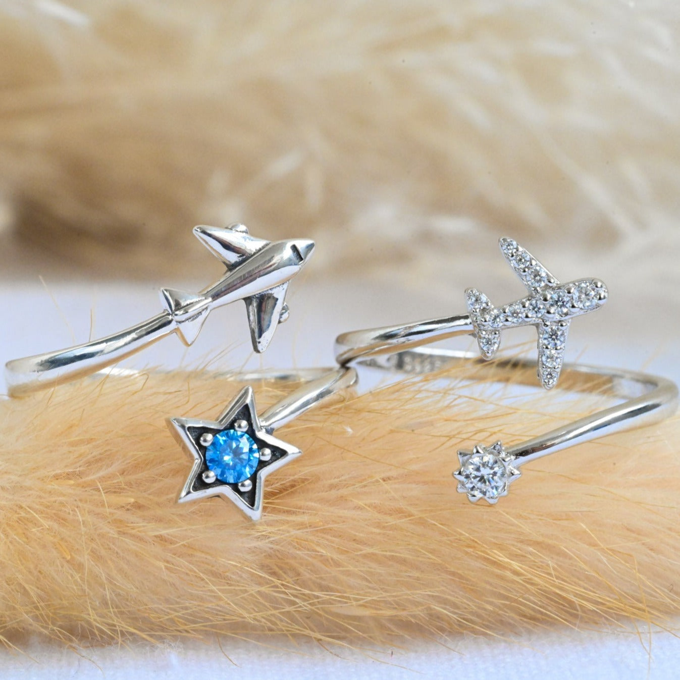 Open Ring "Flying Airplane and Star"