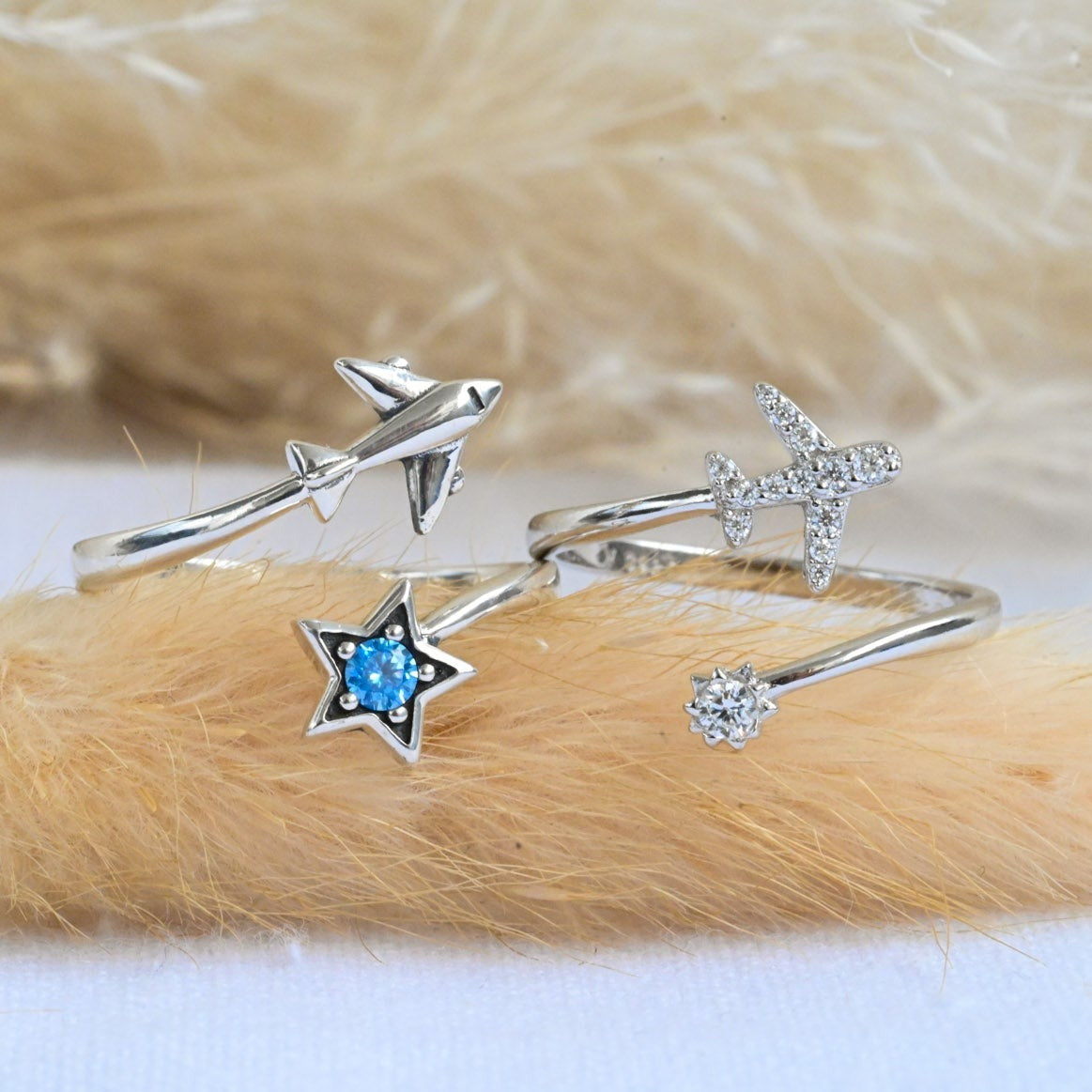 Open Ring "Flying Airplane and Star"