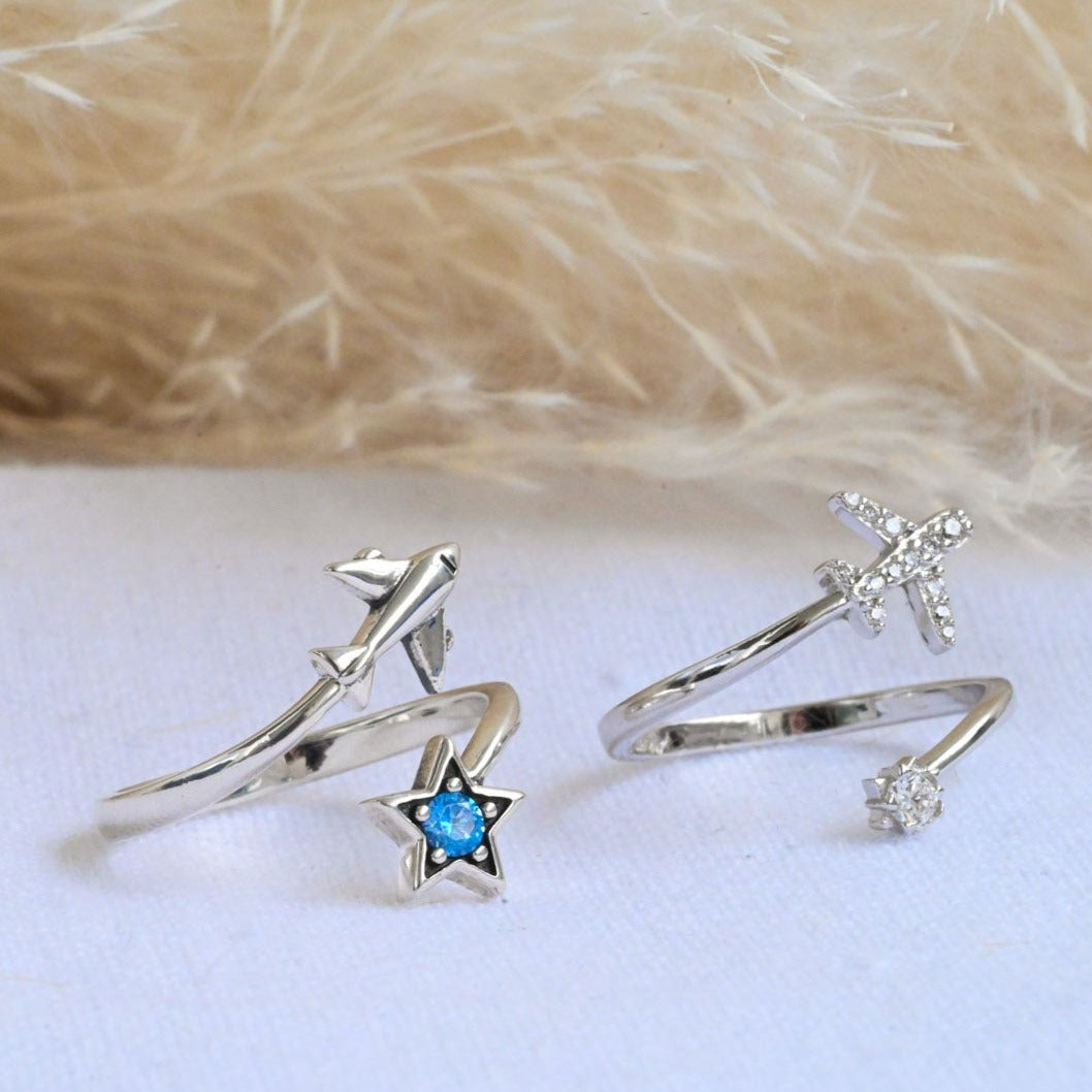 Open Ring "Flying Airplane and Star"