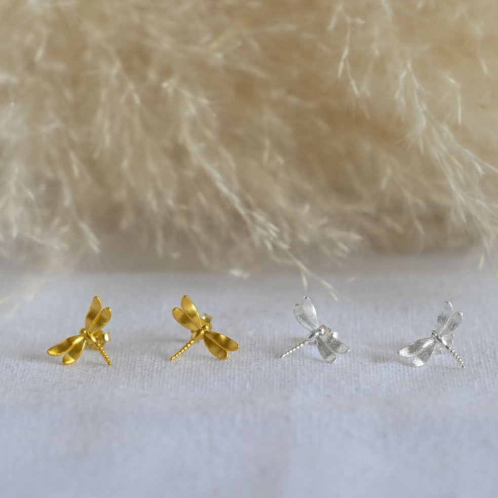 Handgefertigter Ring Libelle, 925er Silber, 18K Gold