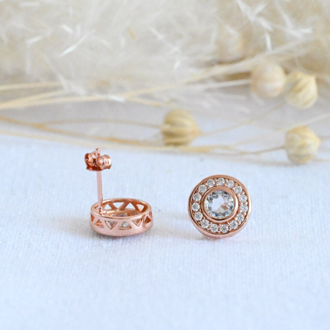 Elegante Kreis Ohrstecker 925er Silber, Roségold, natürlicher Topaz